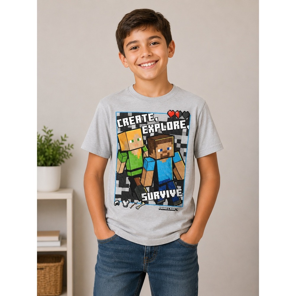 Minecraft Boys T-Shirt Gray Create Explore Survive Steve Alex Graphic Tee XXL 18
